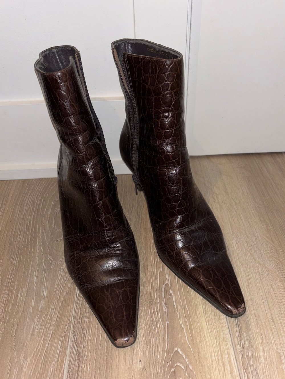 Ralph Lauren Croc Embossed Brown Leather Ankle Boots